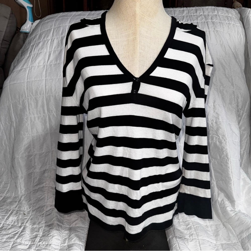 Jones New York Womens black and white striped hooded V-Neck 3/4 Sleeve Large